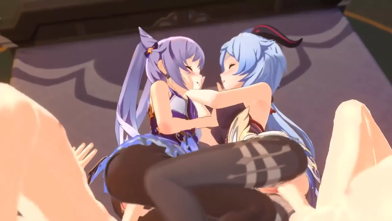 humanoid Two futa goddesses locked in passionate a embrace with glowing genitals